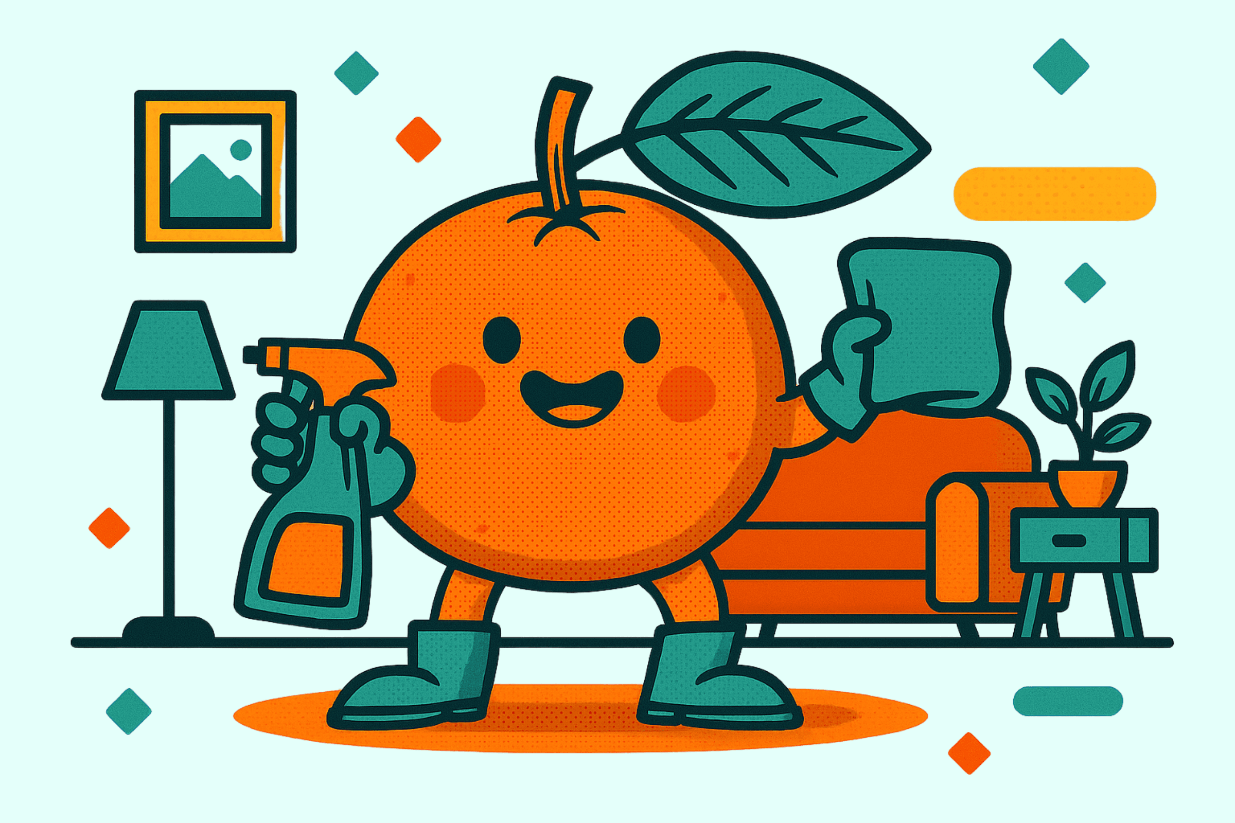 Fresh Cleans orange mascot spraying and wiping a living-room — retro cartoon style